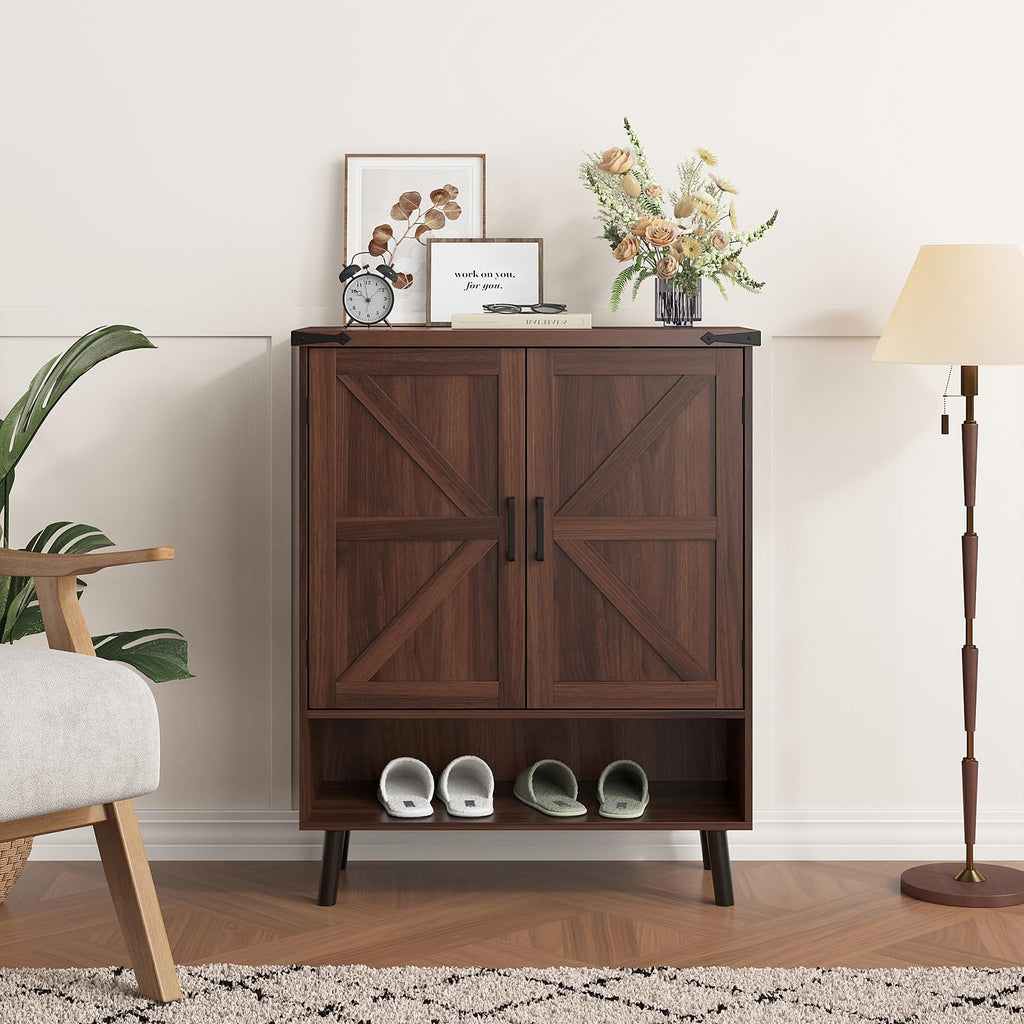 34" Tall Farmhouse Shoe Storage Cabinet with Barn Doors, Walnut