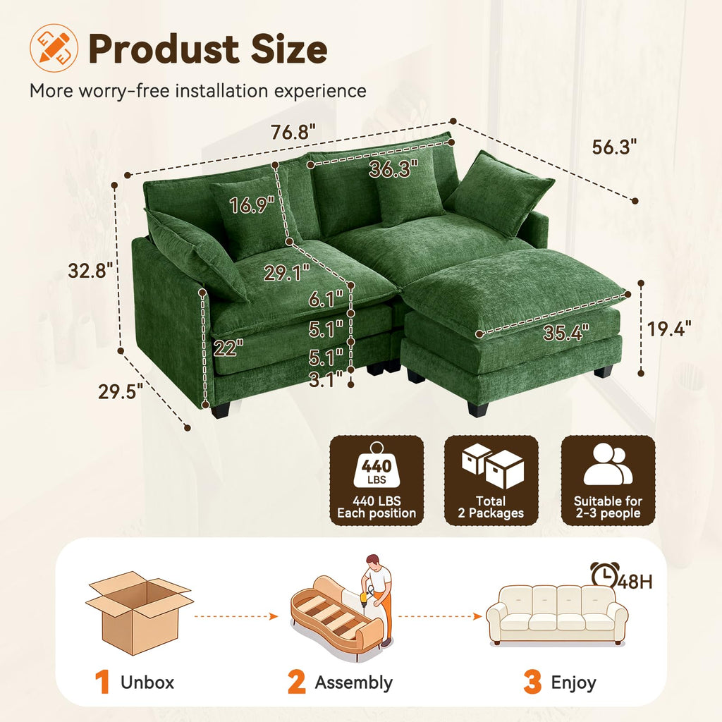 77" Cloud Chenille Sofa Loveseat Couch, Sectional with Ottoman, Green