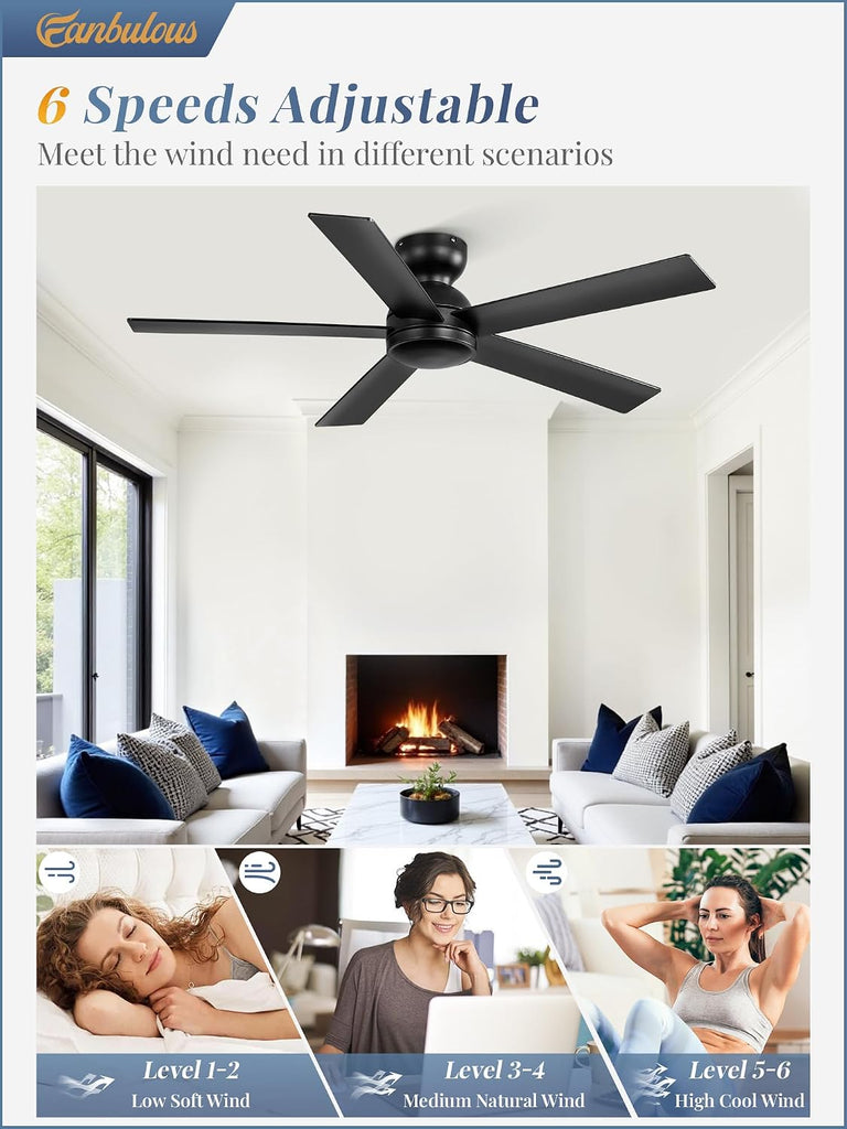 48 Inch Flush Mount Ceiling Fan no Light - Black