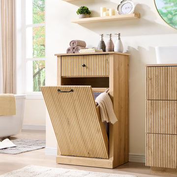 Tilt Out Laundry Hamper Cabinet, Modern Trash Can Cabinet,Natural Oak