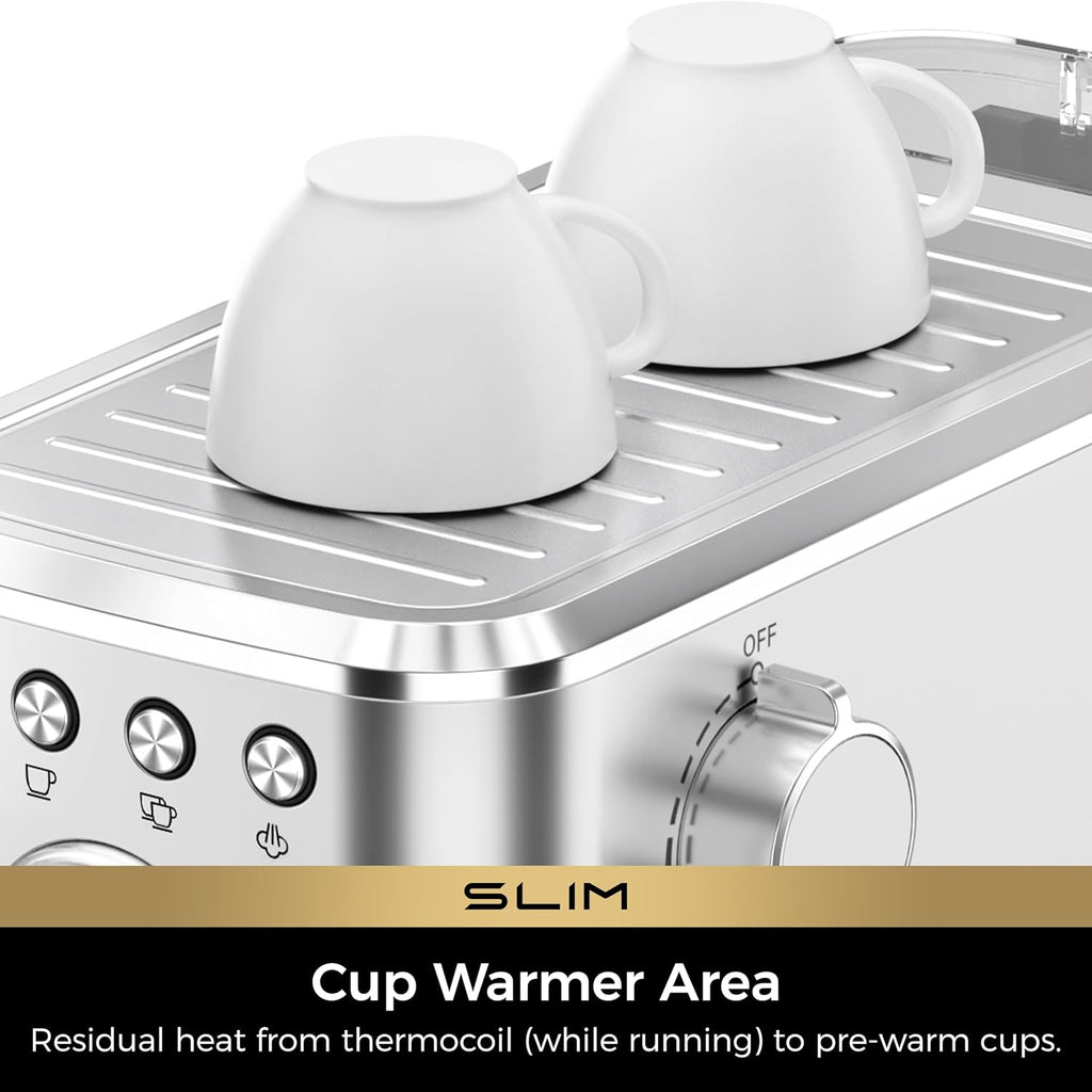 Slim Espresso Machine with Milk Frother Cappuccino & Latte | Precise Pressure Gauge, Food-Grade Materials, 20 Bar