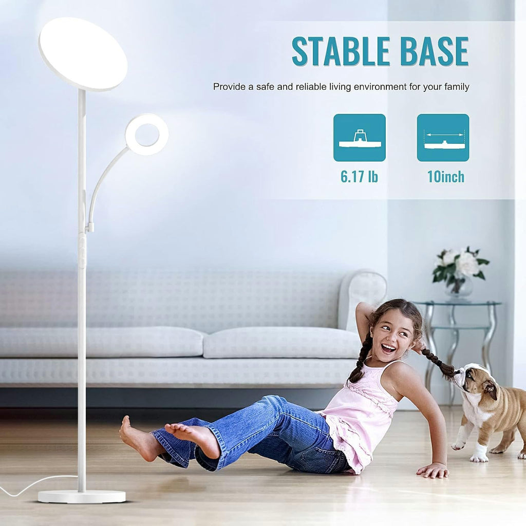 White Floor Lamp, 42W Super Bright LED Room Lamp with Adjustable Reading Light, Dimmable Modern Standing Lamp