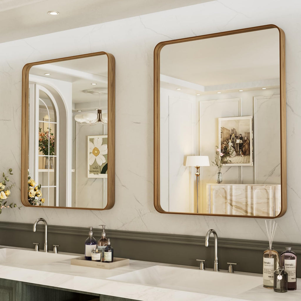 24X32 Inch Bathroom Mirror with Wood Grain Colored Metal Frame, Rounded Rectangle Metal Framed Bathroom Mirror