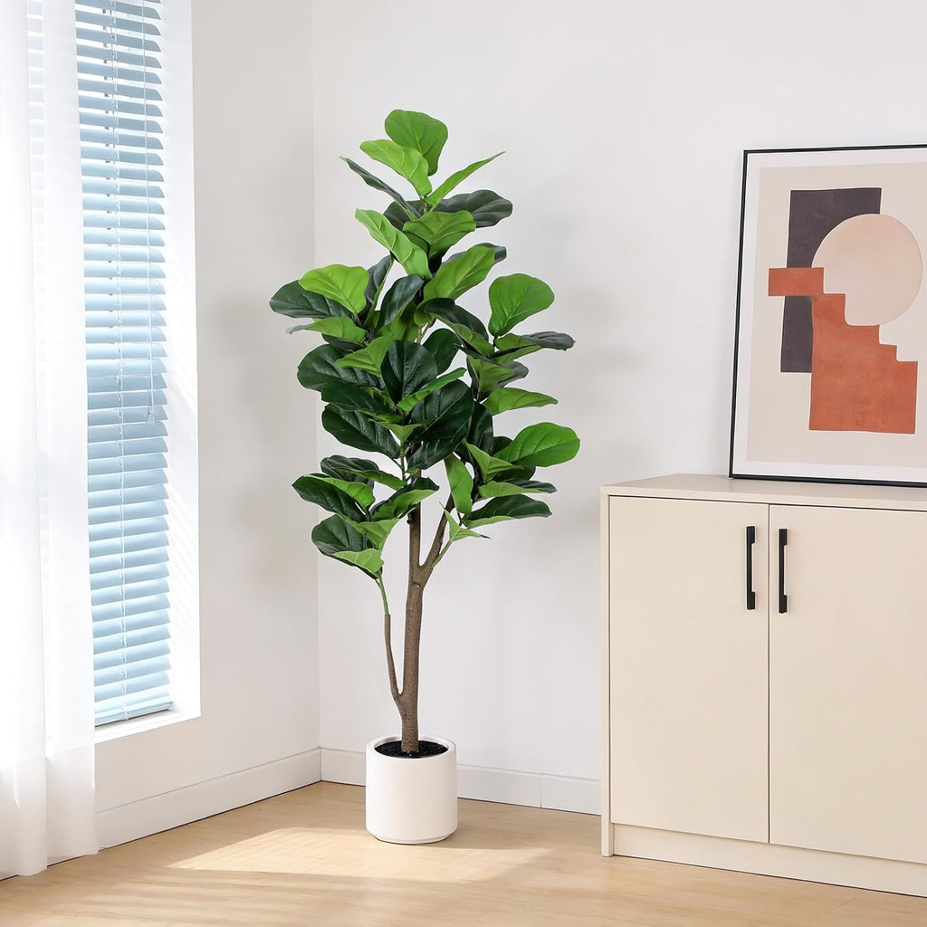 Artificial Fiddle Leaf Fig Tree 5FT with Planter Faux Trees Indoor Tall Artificial Tree, Stable Base, 58 Realistic