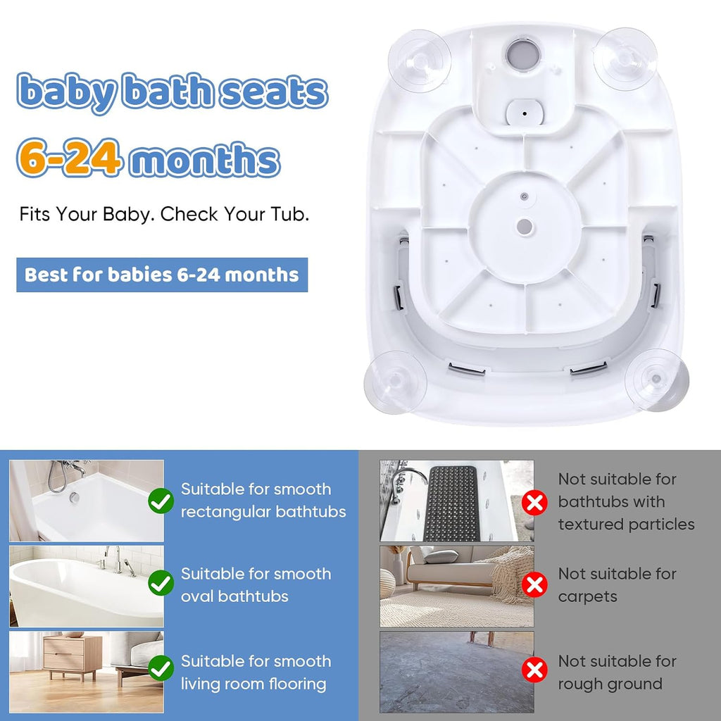 Bath Seat for 6-24 Months, Bath Seats for Babies Sitting Up with 4 Locking Suction Cups & Soft Cushion, Non Slip Anti