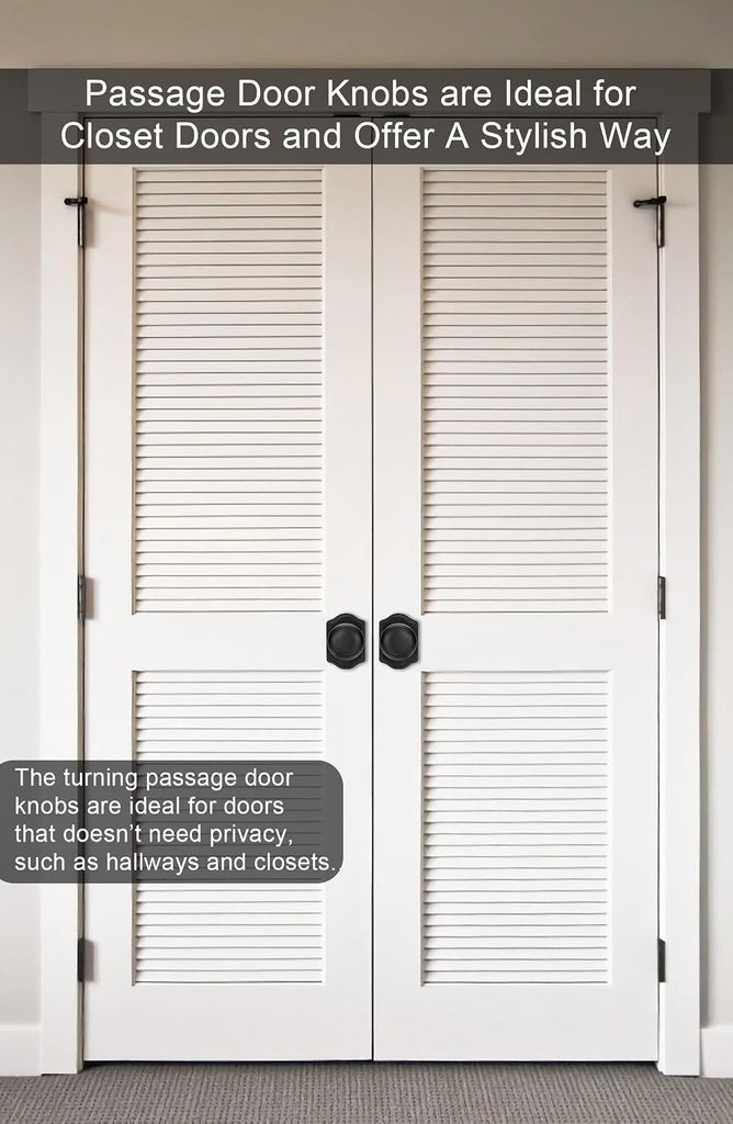 Matte Black Closet Door Knobs Interior No Lock, Passage Door Knobs Hallway, Black Door Knob Without Lock 6 Pack