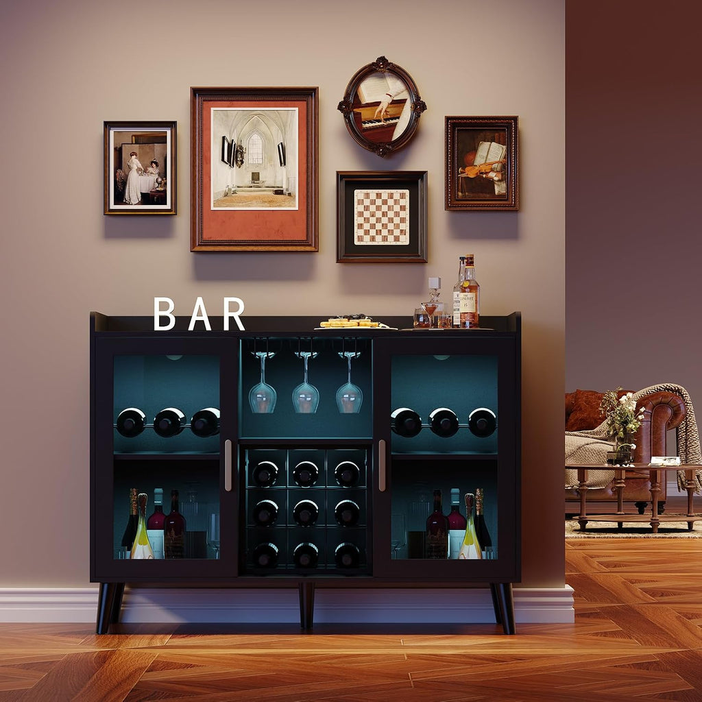 Freestanding Wine Bar Cabinet with Wine Rack and LED Light, Kitchen Sideboard and Buffet Cabinet Coffee Bar with
