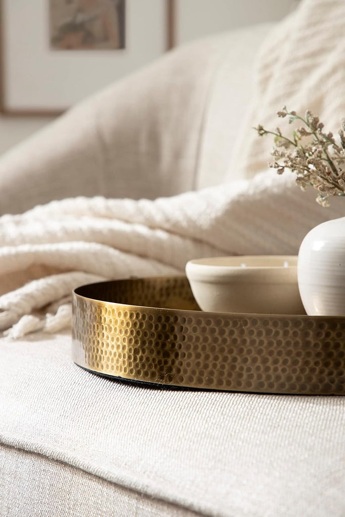 Samana Modern Glam Round Metal Tray; 17 Inch Diameter; Antique Brass; Circular Polished Decorative Tray with Hammered