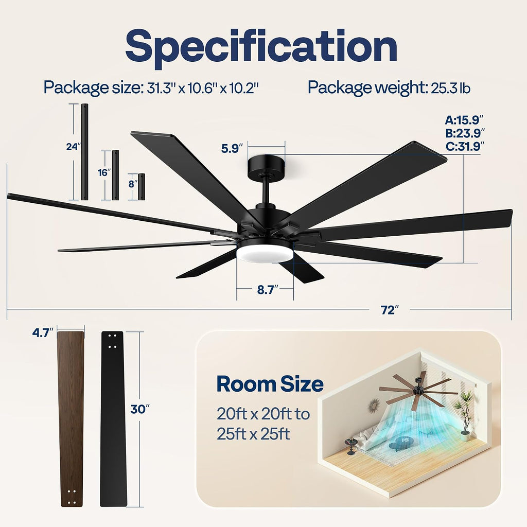 72 inch Ceiling Fans with Lights, Flush Mount Large Ceiling Fan with Remote Outdoor Indoor, Patios
