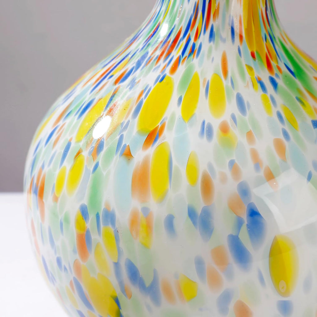 Hand Blown Colorful Round Murano-Style Art Glass Vase - 12.5" Tall,Wide Mouth Glass Vase for Mantle Dining Table