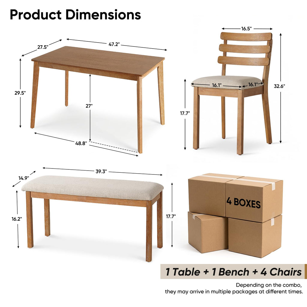 Farmhouse Dining Room Table Set for 6 with Upholstered Bench and Chairs