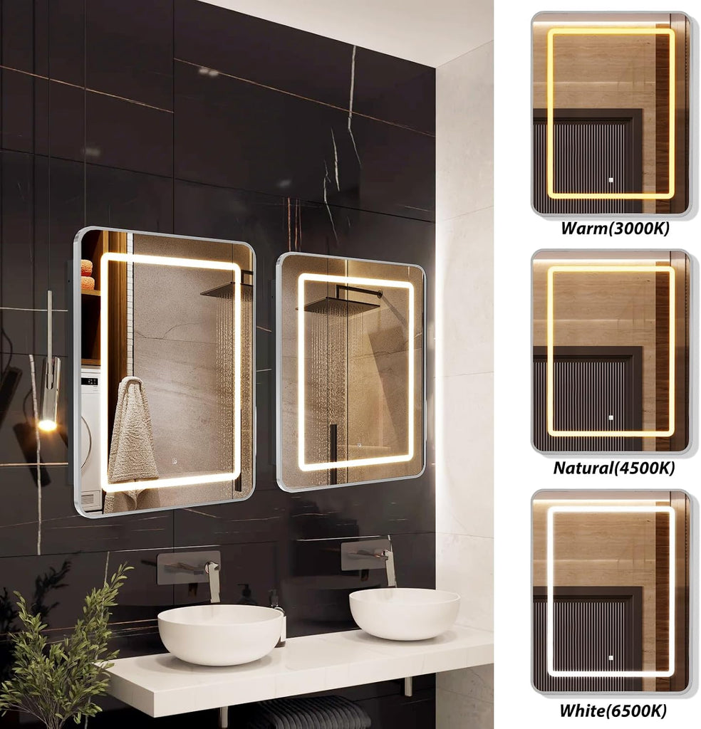 20x30 Inch Lighted Bathroom Medicine Cabinet with Mirror, Silver Recessed or Surface Mount Medicine Cabinet Mirror