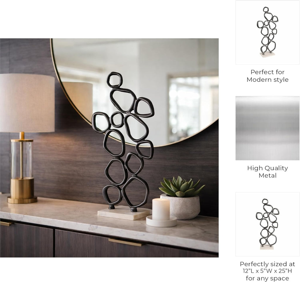 Abstract Sculpture Home Decor Figurine Ornament - Metal Loop Detail Statue on Marble Base for Shelf or Coffee Table