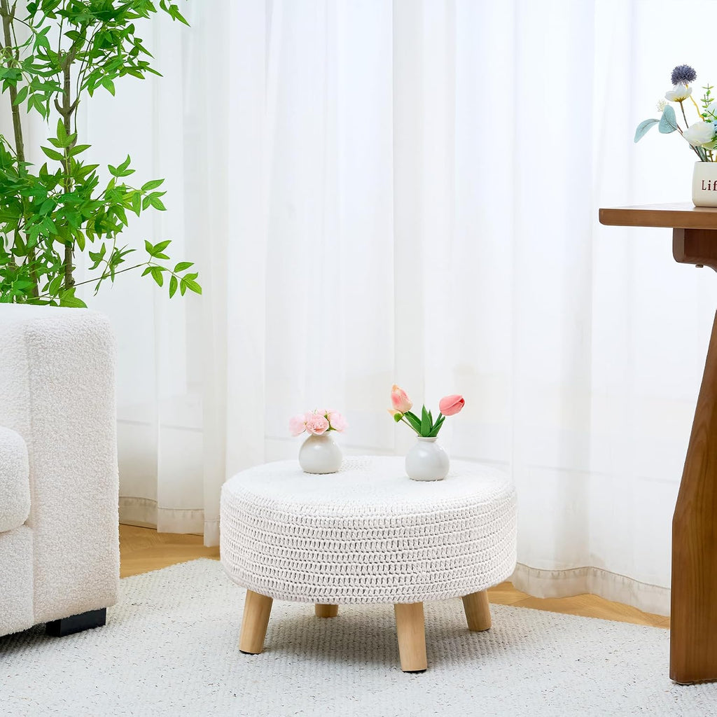 Pouf Ottoman, 100% Cotton Knitted Boho Footstool, Round Footrest with Non-Skid Wood Legs, Home Décor Pouffe, Leisure