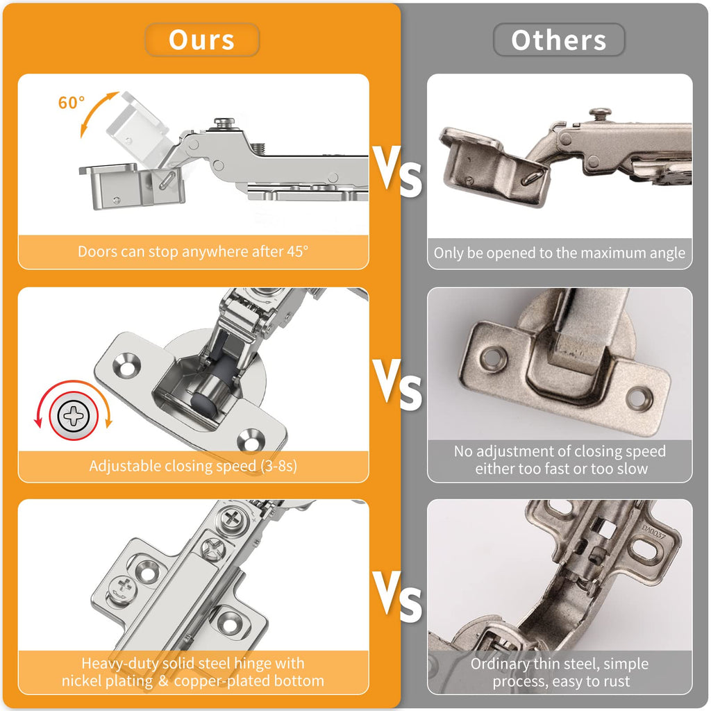 10 Pack Frameless Half Overlay Soft Close Concealed European Hinges, Self Closing Satin Nickel, 105 ° Open Angle 4D