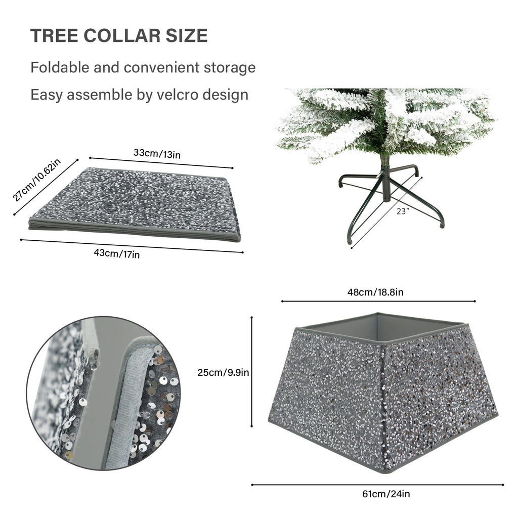 Silvergrey Christmas Tree Collars for Atificial Trees, 24 Inch Sparkling Sequins Christmas Skirt, Base Cover, Holiday
