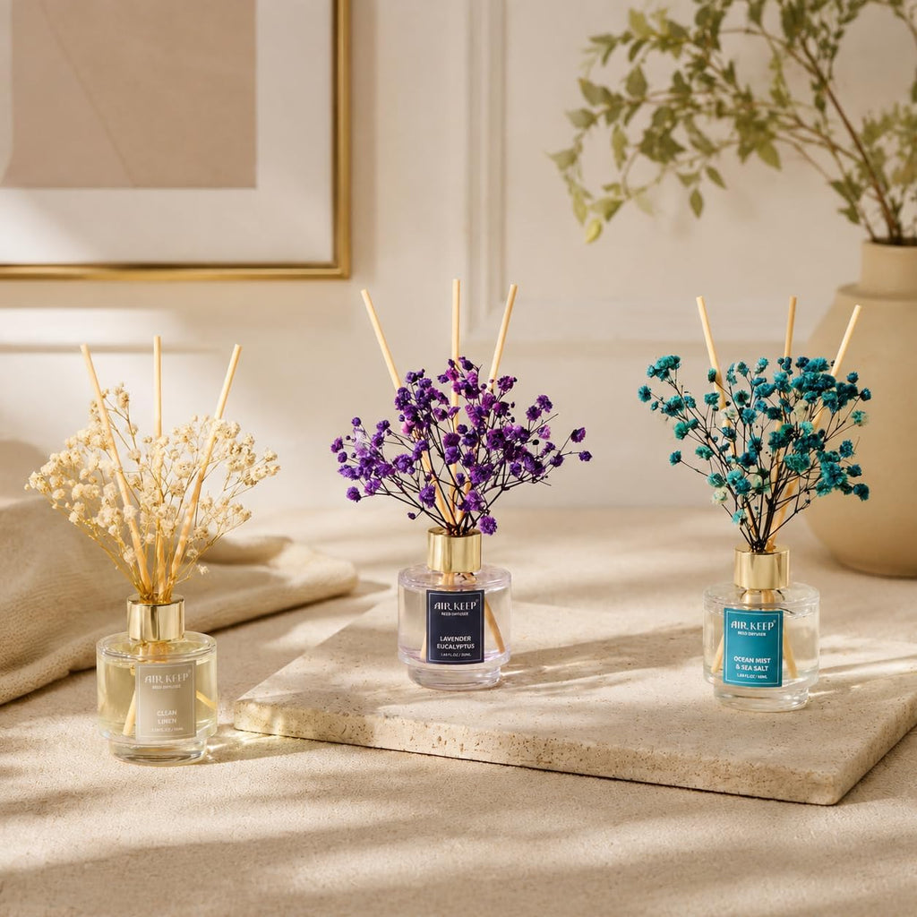 Reed Diffuser,Clean Linen Ocean Mist&Sea Salt Lavender Eucalyptus Oil Reed Diffusers Living Room Office - Set of 3