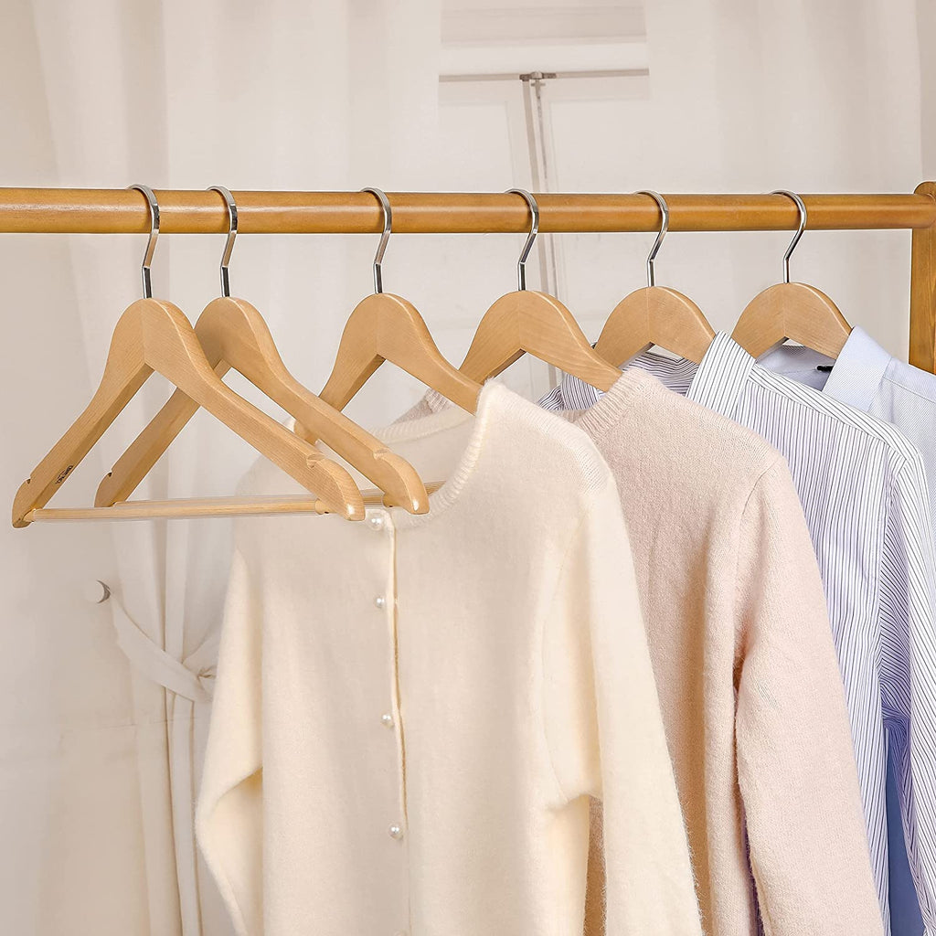 Premium Wooden Hangers with Extra Thick Hook and Non Slip Pants Bar, Luxury Suit Hangers for Closet with Notches for