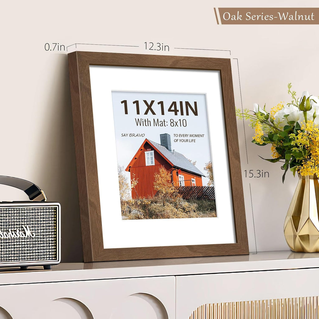 11x14 Picture Frame 5 Pack - Walnut, Tempered Glass, for Photo | 8x10 Acid-Free Mat, High-End Natural Wood Frame