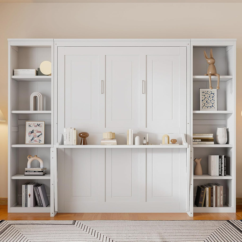 Queen Murphy Bed with Desk and Storage Shelves,Pine Wood Vertical Murphy Wall Bed Cabinet with Storage Bookcase