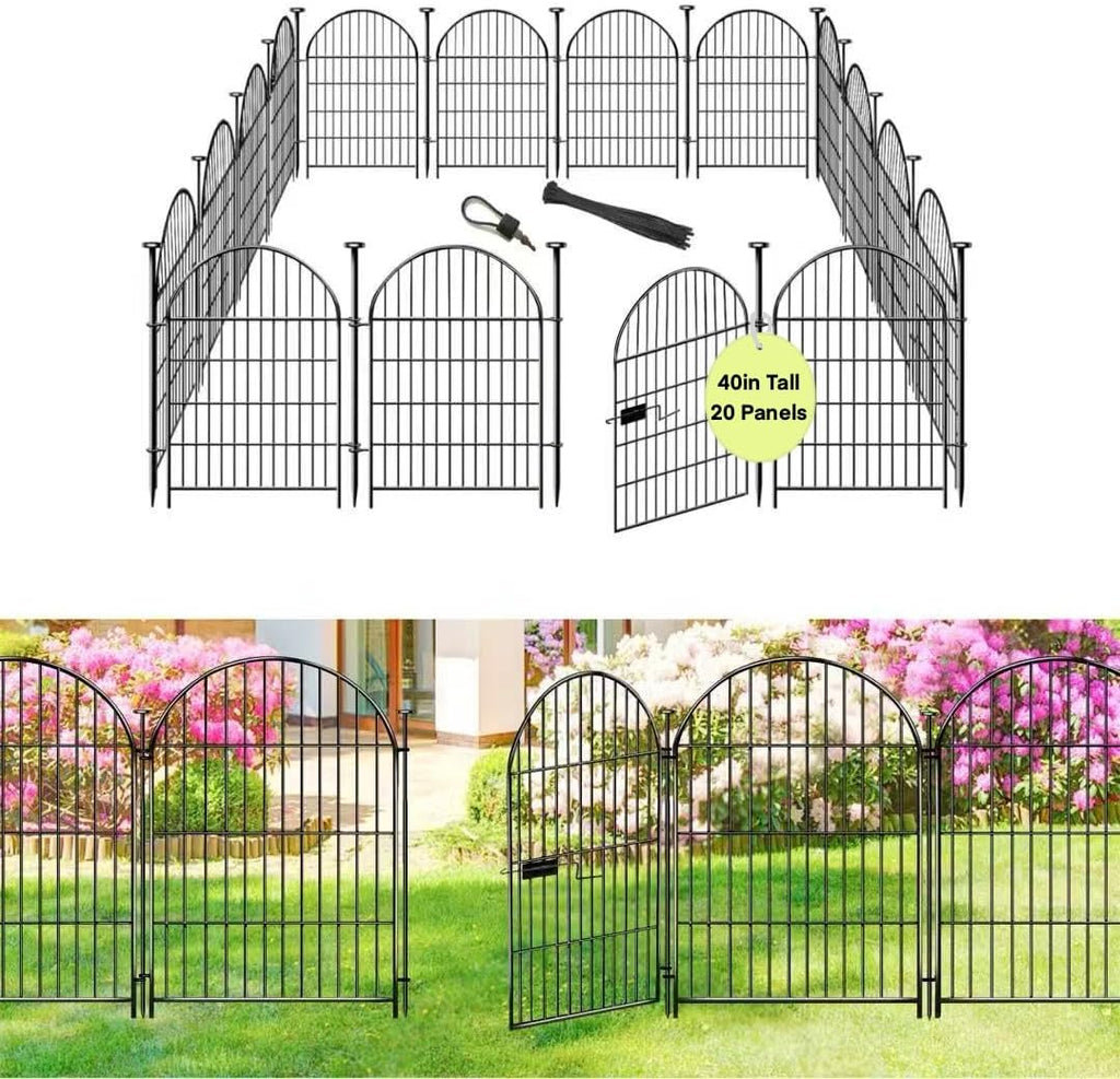 Tall Garden Fence Animal Barrier with Gate, 40 in(H)×43.7ft(L) 20 Panels No Dig Fence for Dogs, Rustproof Metal Wire