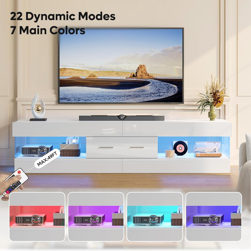 67" Modern TV Stand for TVs up to 75 Inch, High Gloss LED Entertainment Center with Stone-Patterned Doors, TV Console