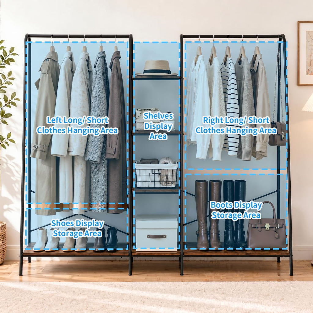 Clothes Rack for Hanging Clothes Freestanding Clothing Rack with 6 Wood Storage Shelves & 2 Rods Heavy Duty Garment