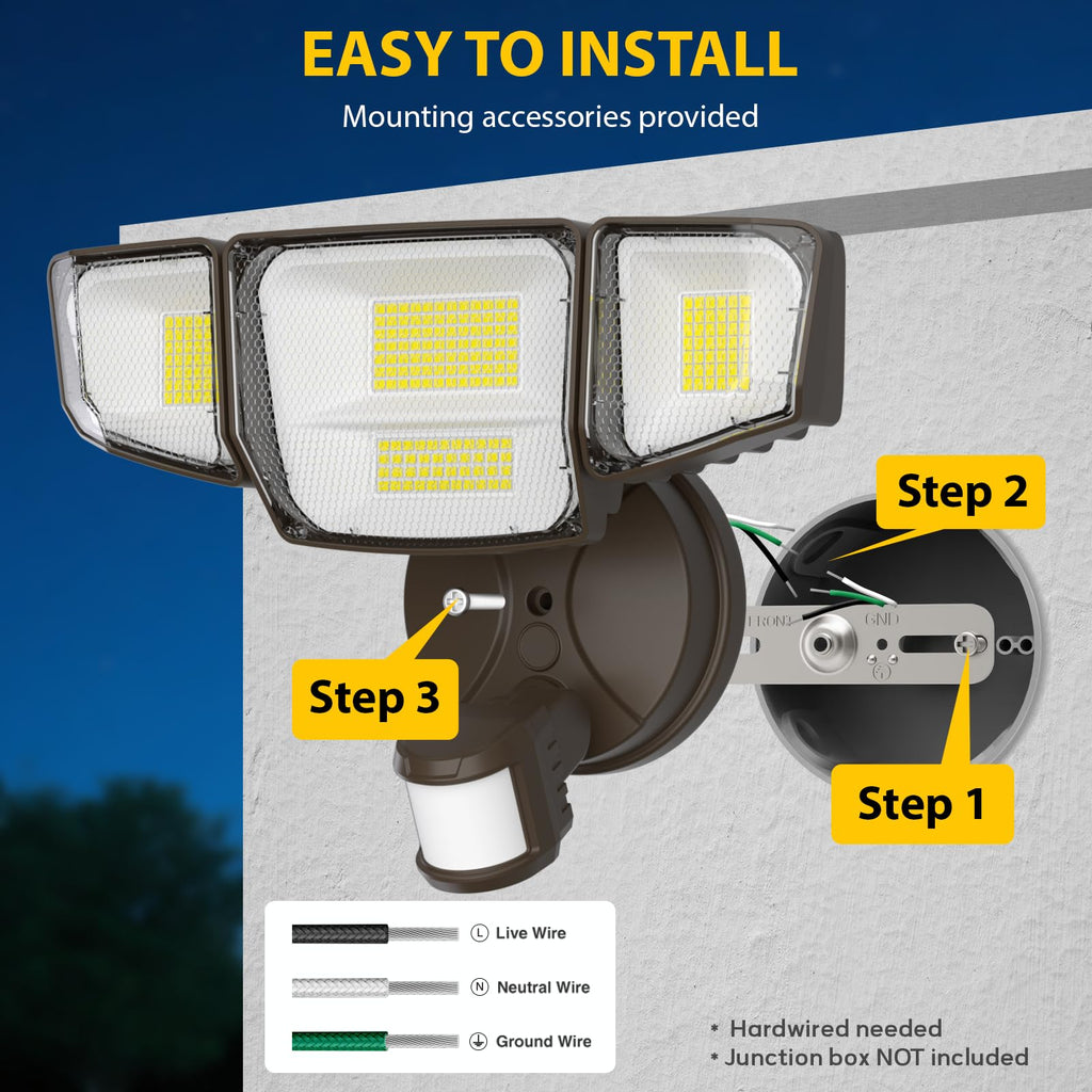 90W Motion Sensor Outdoor Lights, LED Flood Light Outdoor with 4 Adjustable Heads, 6500K Daylight, Dusk to