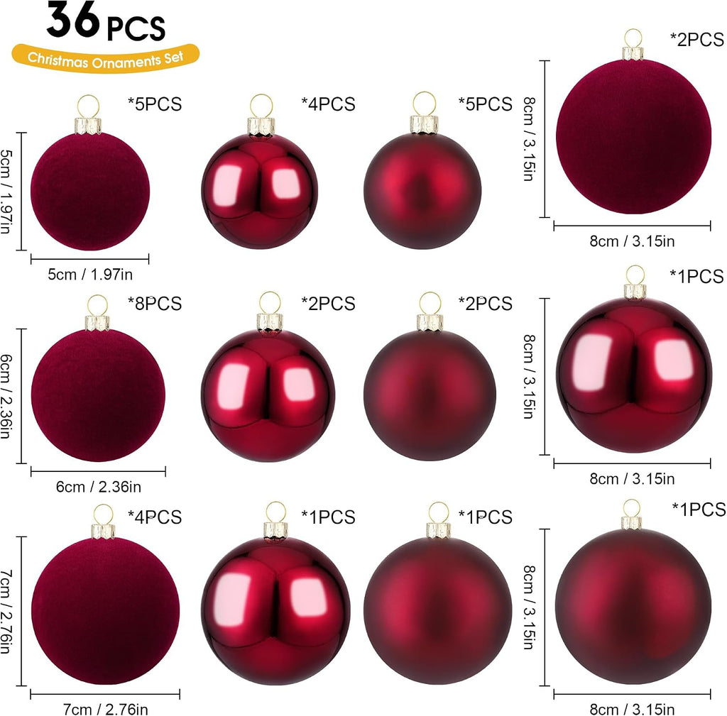 Burgundy Velvet Christmas Ball Ornaments - 36pcs Shatterproof Flocked Christmas Ornaments, Vintage Hanging Xmas Tree