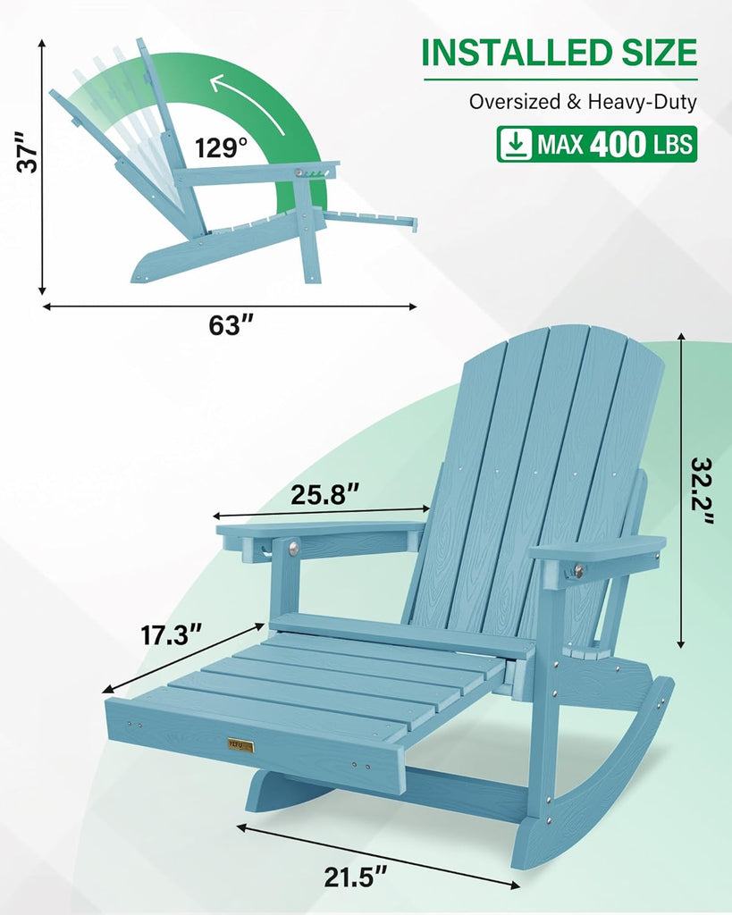Adirondack Rocking Chairs Set of 2, with Footrest, All-Weather, Blue | 5- Level Adjustable Backrest, Retractable