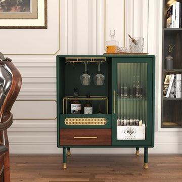 Modern Coffee Bar Cabinet with Pull-Out Wine Storage, Green | Bar Cart with Wine Glass Rack and Drawers, Liquor