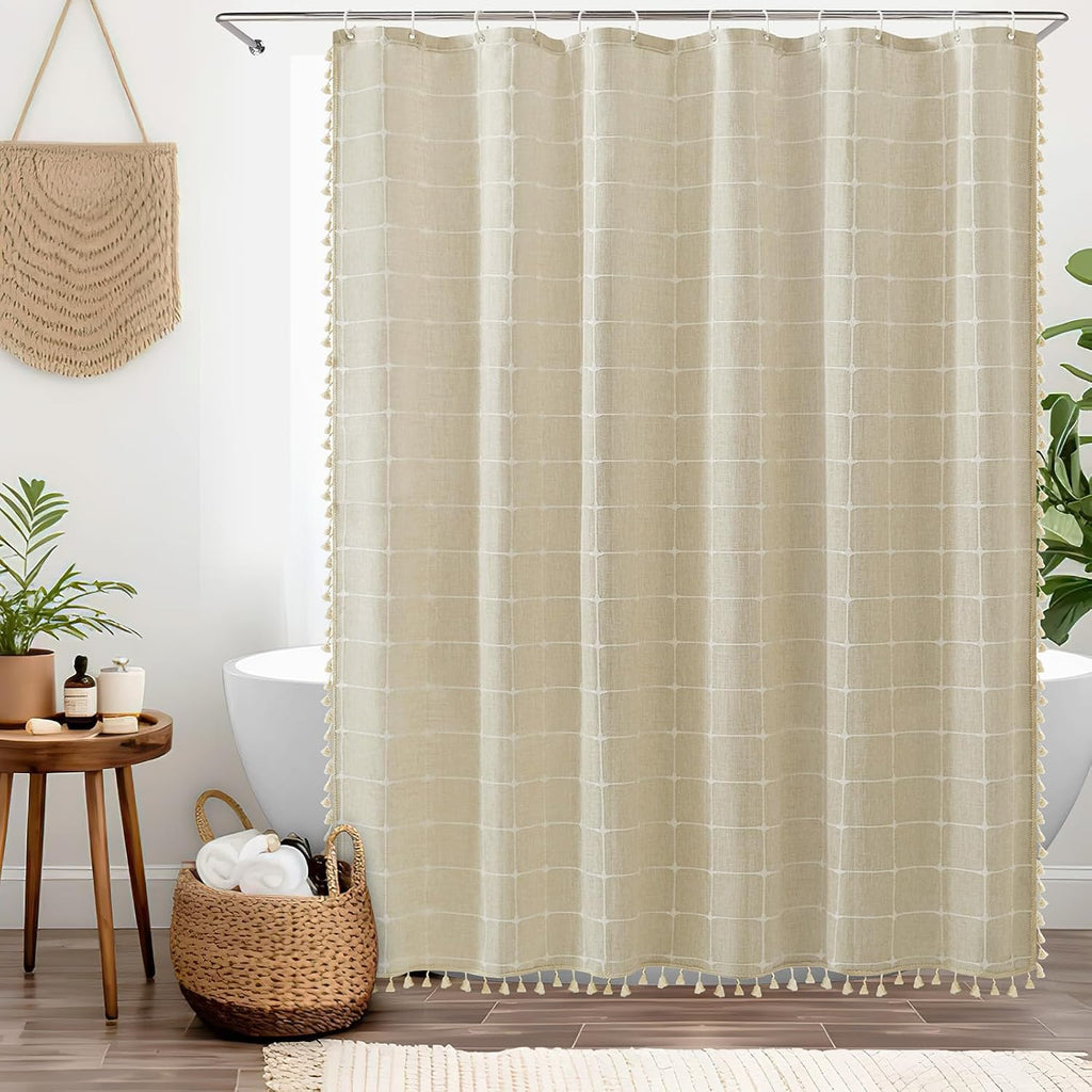 Linen Shower Curtain, Beige Boho Farmhouse Fabric Shower Curtains , Natural Waterproof Cloth Weighted Textured Modern