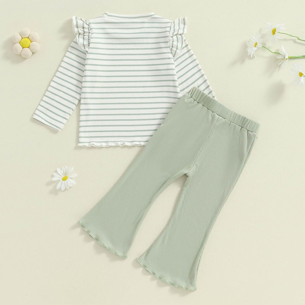 Toddler Baby Girl Outfits Ruffle Long Sleeve Striped Trim Tops + Flare Pants Set Toddler 2Pcs Fall Winter Clothes