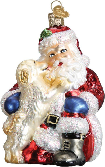 Santa's Puppy Love Glass Blown Ornament, Handcrafted Holiday Decoration, Santa Collection