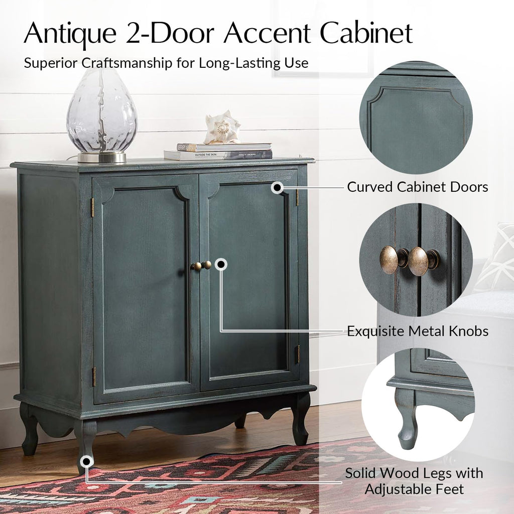 Antique Solid Wood Sideboard with Adjustable Feet, 2 Shelves Storage Accent Cabinet with 2 Doors, Farmhouse Vintage