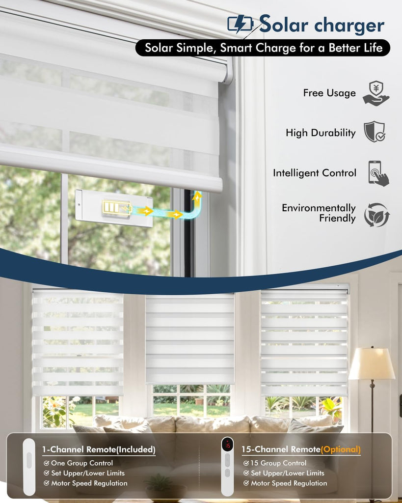 No Drill Motorized Zebra Blinds with Remote,Cordless Shades Dual Layer,Thermal Insulated Upgraded Shades(White,34.5"
