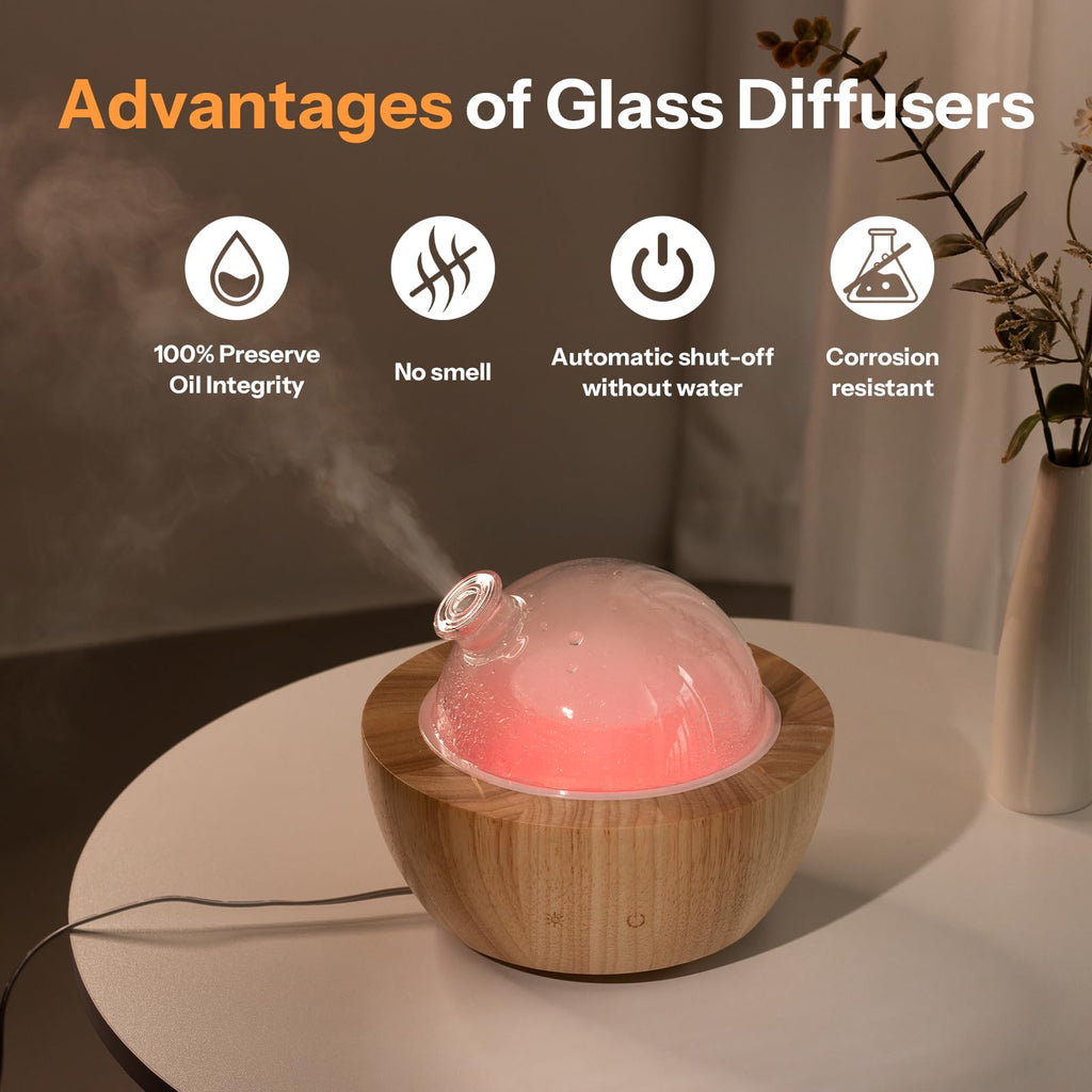 280ml Glass Essential Oil Diffuser with Natural Wood Base, The 2025 Upgrade Aromatherapy Diffusers, Cool Mist Air
