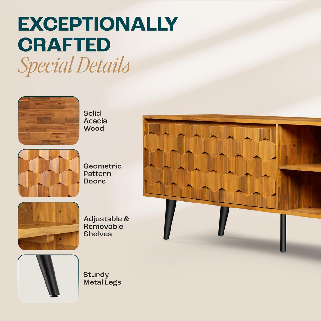 Georgina Solid Wood, 10 Minutes Assembly Entertainment Center with Storage Geometric Pattern Console for Living