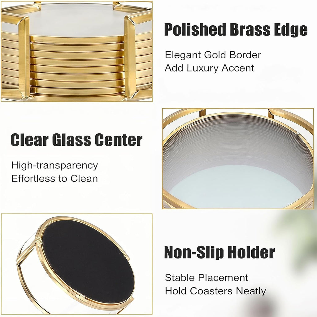 Glass Coaster Drink Coasters with Holder, Gold Brass-Coated - Set of 8