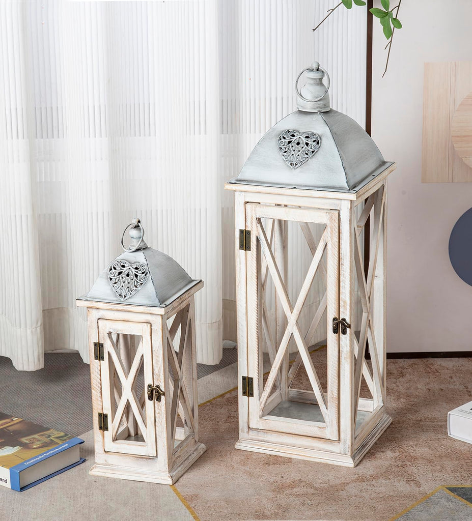 Set of 2 Large Farmhouse Wooden Metal Lanterns, Rustic Decorative Floor Candle Lanterns, Whitewash Distressed Hanging