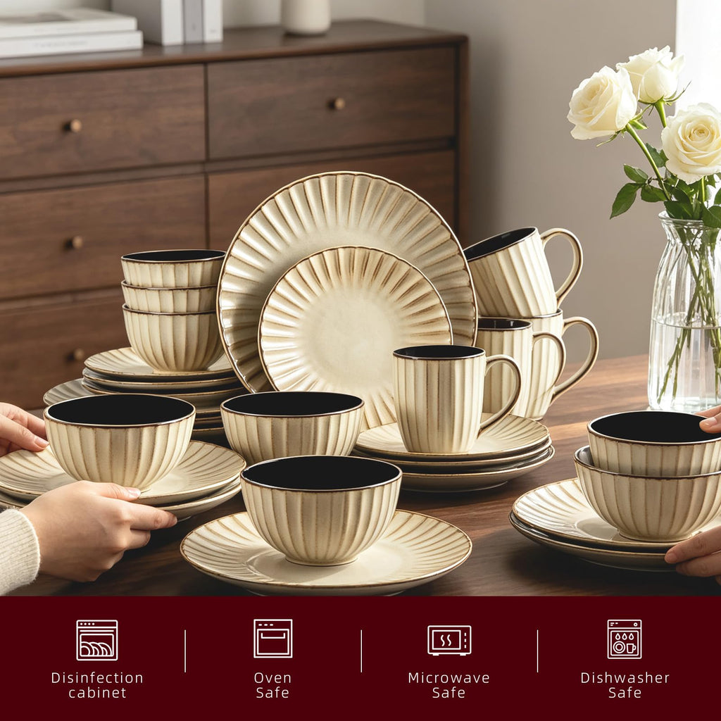 Ribbed Stoneware Dinnerware Set, Reactive Glaze Golden Cream, Service for 4