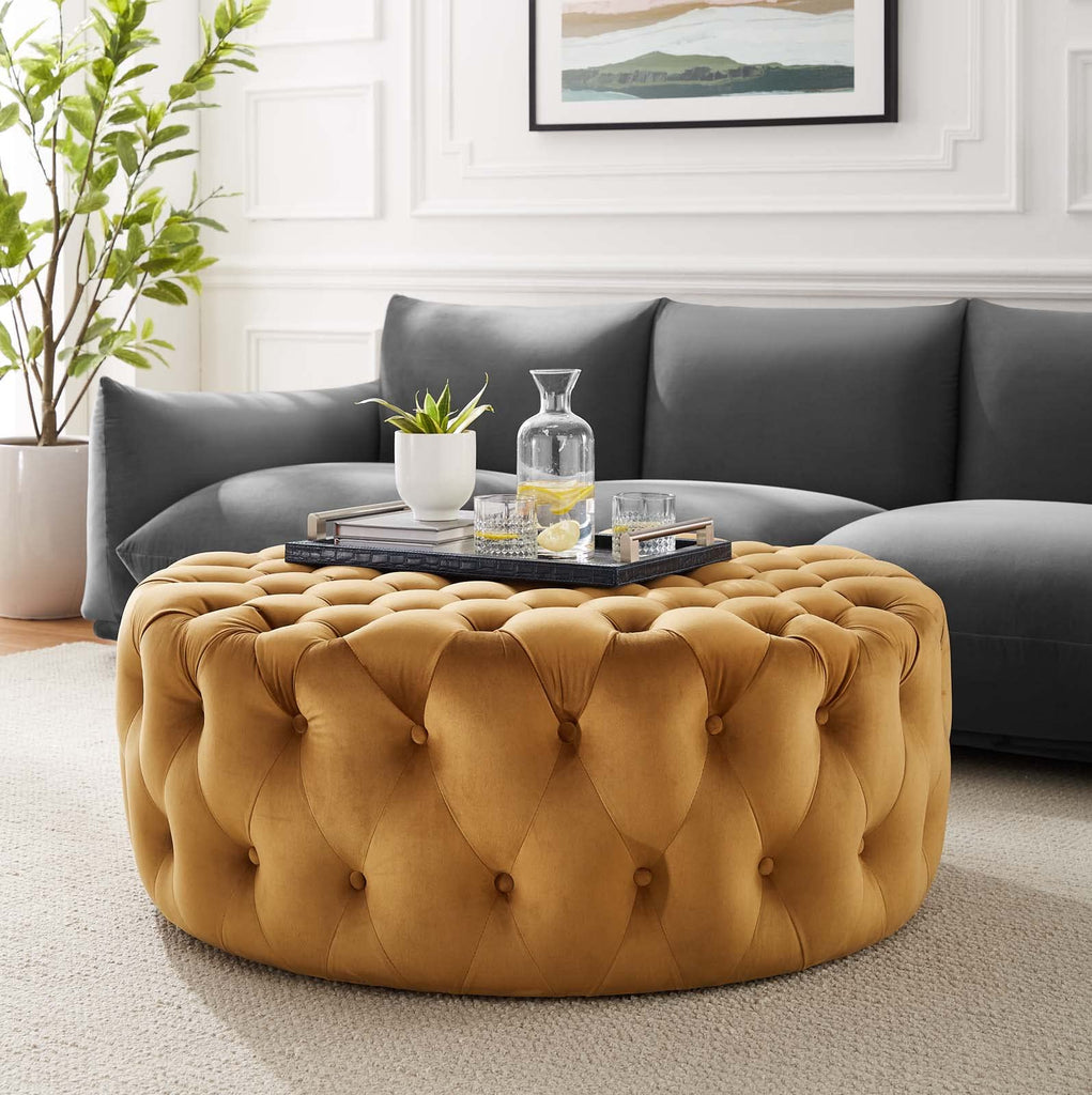 Amour Tufted Button Large Round Performance Velvet Ottoman in Cognac