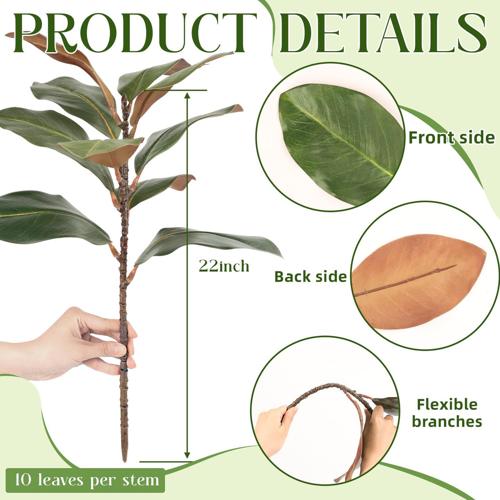 6 Pcs Faux Magnolia Stems, 22 Inch Artificial Magnolia Leaves Branches Greenery Stems Pick Fake Magnolia Leaf Twigs