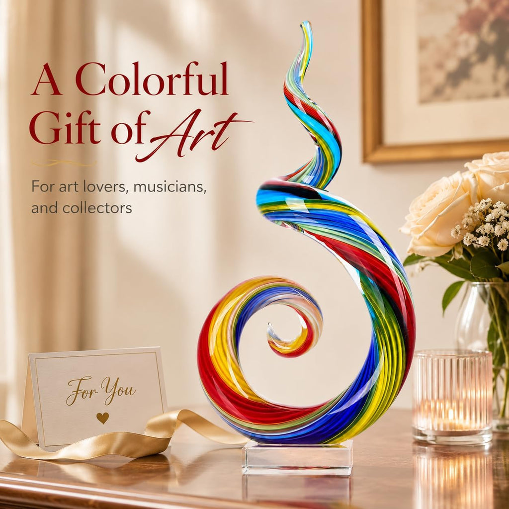 13.7" Colour Hand-Blown Art Glass Sculpture,Abstract Rainbow Swirl Style Sea Glass Statue and Figurine,Coastal Ocean