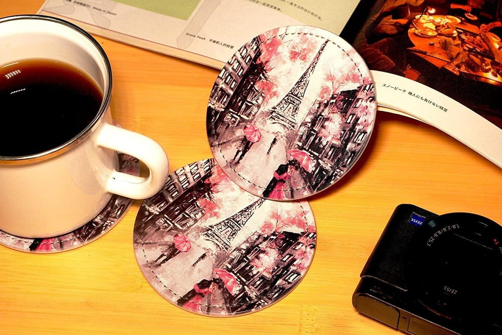 France Eiffel Tower Coasters For Drinks With Holder Leather Coasters Table Decor Protect Furniture From - Set of 6