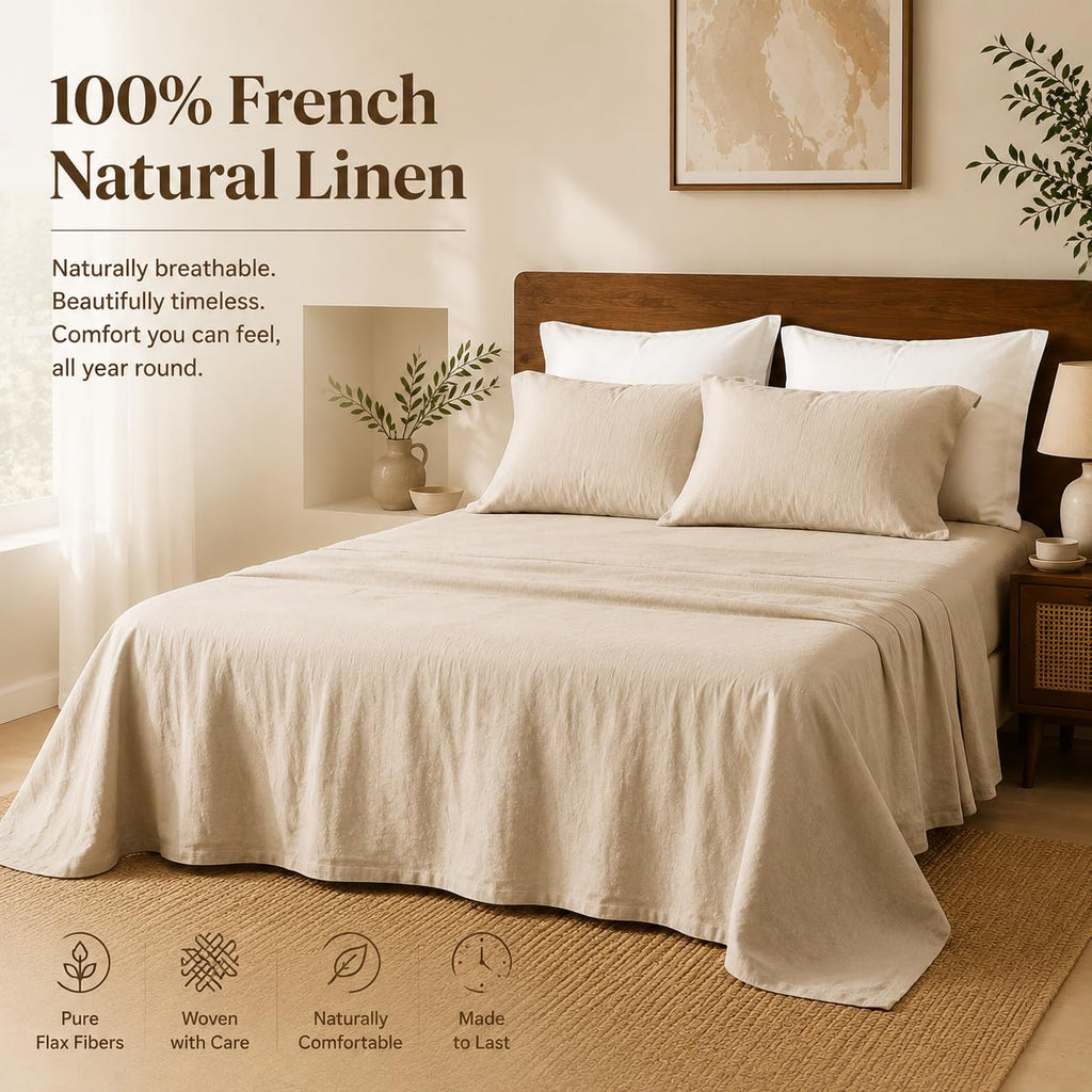 100% French Linen Sheets, 4 Pcs, 16" Deep Pocket