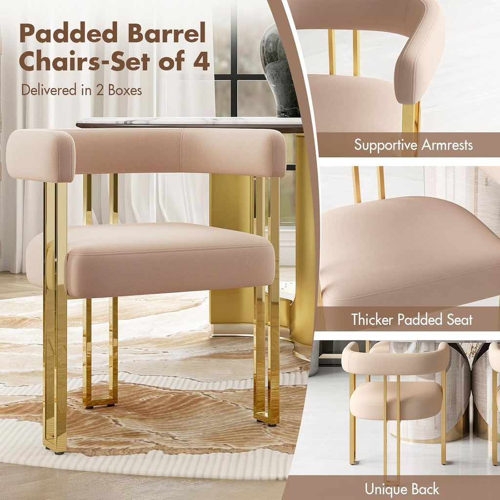 Velvet Dining Chairs Set of 4, Khaki Upholstered Barrel Armchairs with Gold Metal Legs for Kitchen Island, Mid