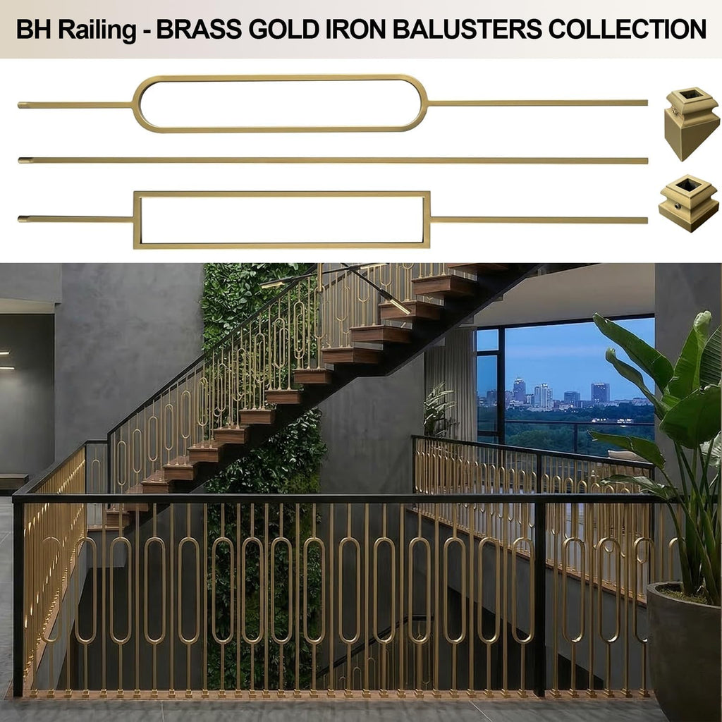 44" Brass Gold Wrought Iron Plain Balusters for Staircase Interior, 1/2" Square Hollow Iron Spindles, Decorative
