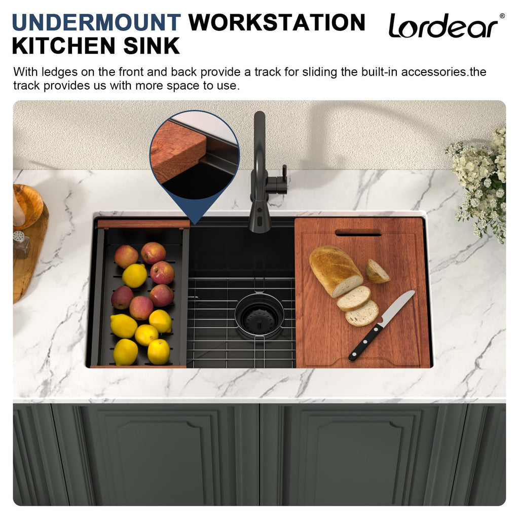 Matte Black Kitchen Sink 30 Inch Undermount Ledge Workstation T304 16 Gauge Stainless Steel Single Bowl Under Counter