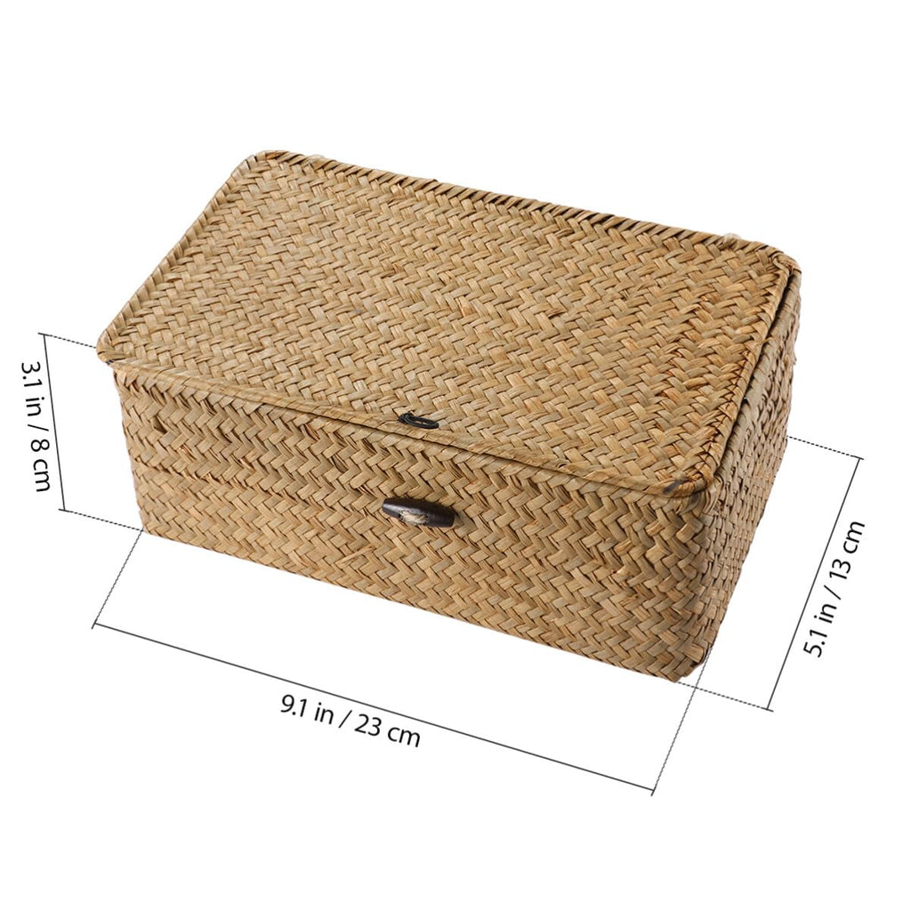 Woven Storage Box Wicker Storage Bins with Lid Seagrass Basket Desktop Hand- Woven Box Shelf Organizer
